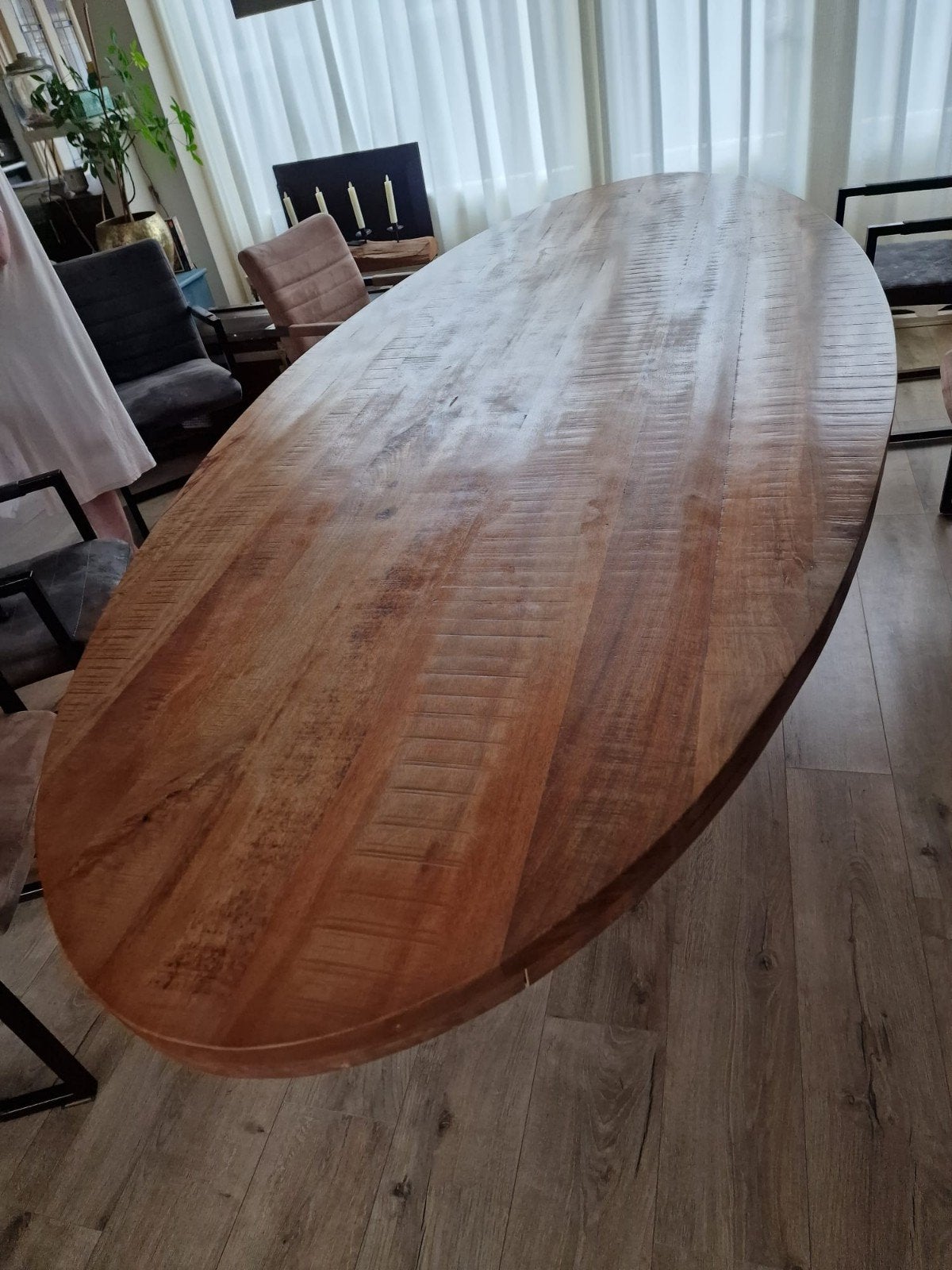 Ovale eettafel met spinpoot - mango hout, 100 tot 150 cm, 200 cm of meer, Industrieel, Modern, Zo goed als nieuw