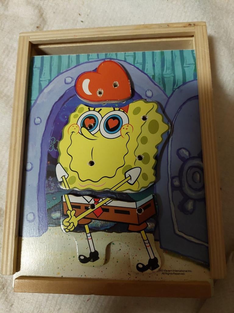 Spongebob houten puzzel met schuifdoosje, 2 tot 4 jaar, Gebruikt, 10 tot 50 stukjes, Ophalen of Verzenden