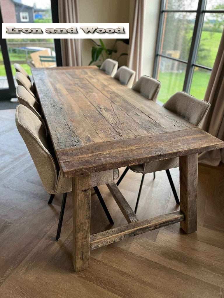 Geborstelde oud eiken kloostertafel met A-poot - barnwood, Ophalen