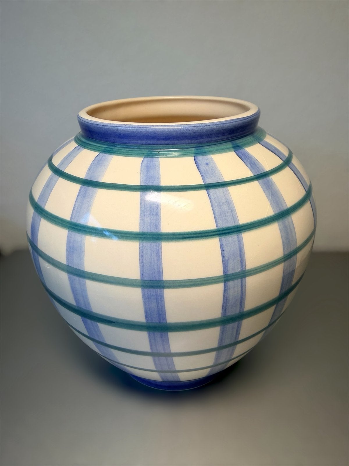 Geglazuurde Mediterraanse Vaas met Streepmotief, 18 cm, Ophalen of Verzenden, Zo goed als nieuw, Steen/keramiek, 18 cm