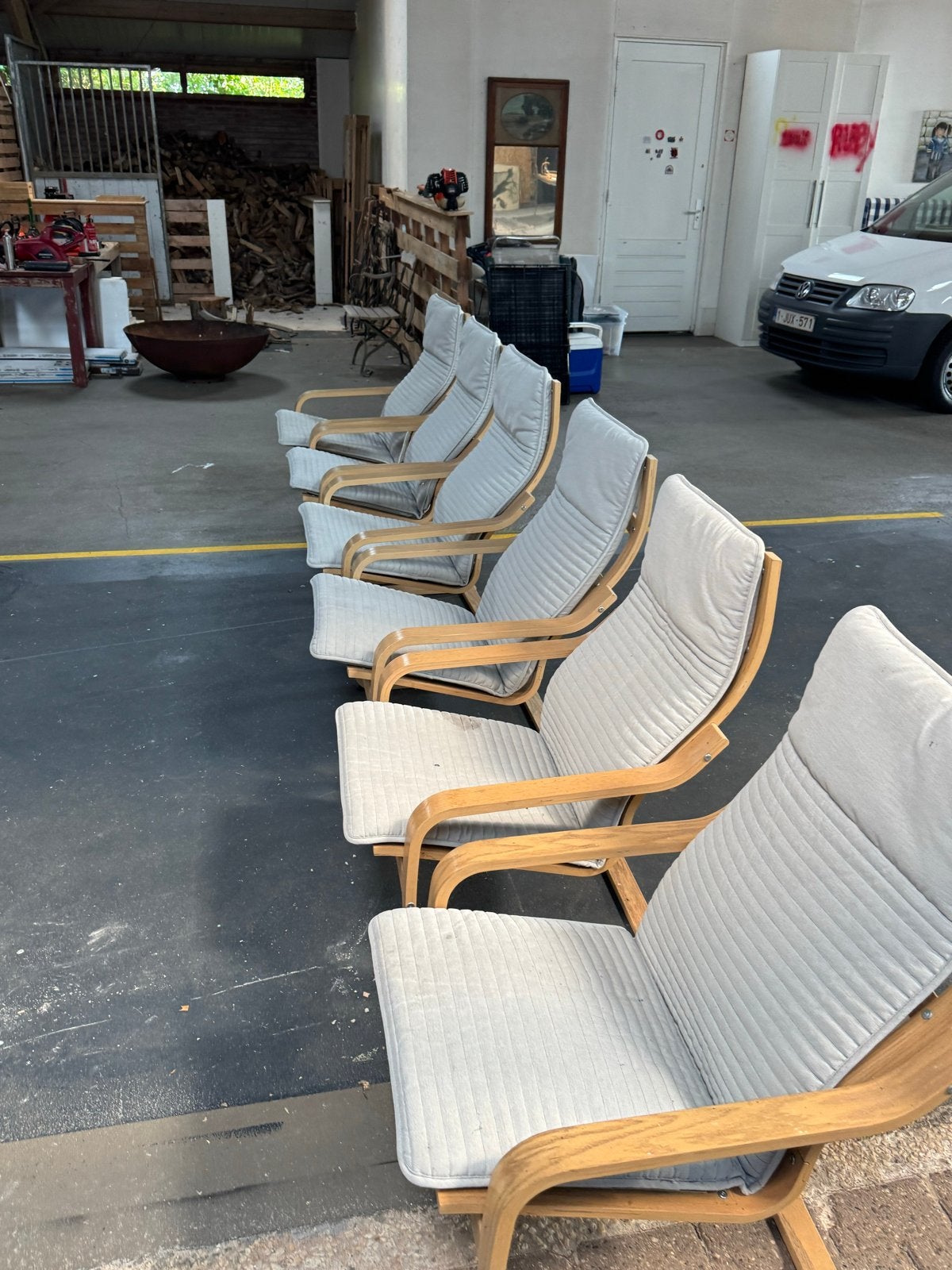 Set van 6 gebruikte Ikea relaxfauteuils met houten frame, Ophalen, Gebruikt, Grijs, Vijf, Zes of meer stoelen