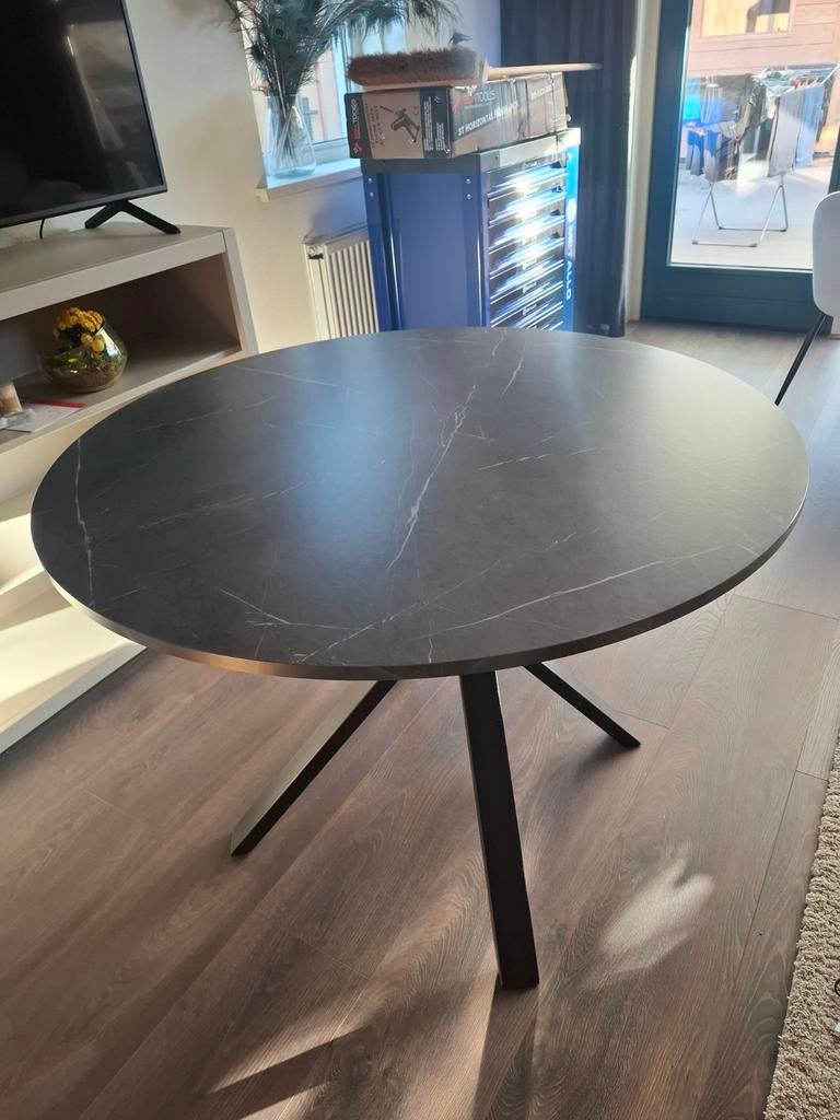 Moderne ronde eettafel met marmerlook blad, Ophalen, Modern, Industrieel, Overige materialen, Rond