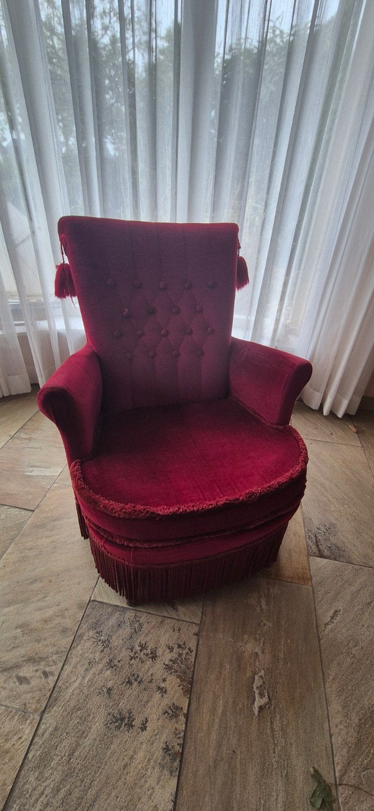 Vintage Velours Fauteuil - Bordeauxrood, Ophalen, Gebruikt, Vintage, Klassiek, Retro, Minder dan 75 cm