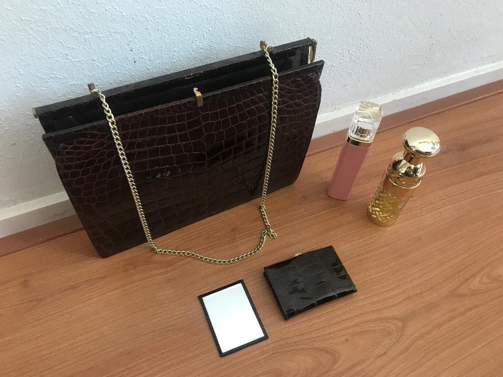 Handbag , Handtas Echt Krokodillenleer 1964 Cocktail Set, Ophalen of Verzenden, Zo goed als nieuw, Bruin, Handtas