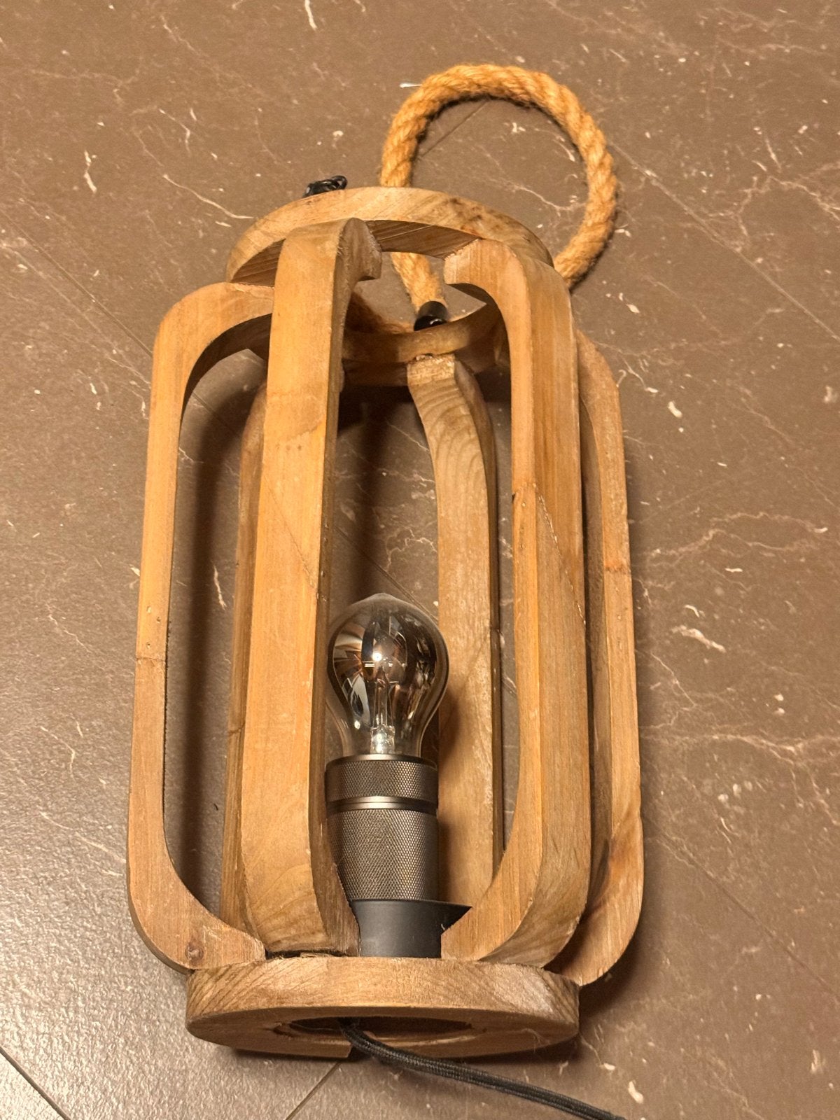 Houten lantaarnlamp met touw - Doorsnee 20 H 32, Overige merken, Gebruikt, Hout, Bruin