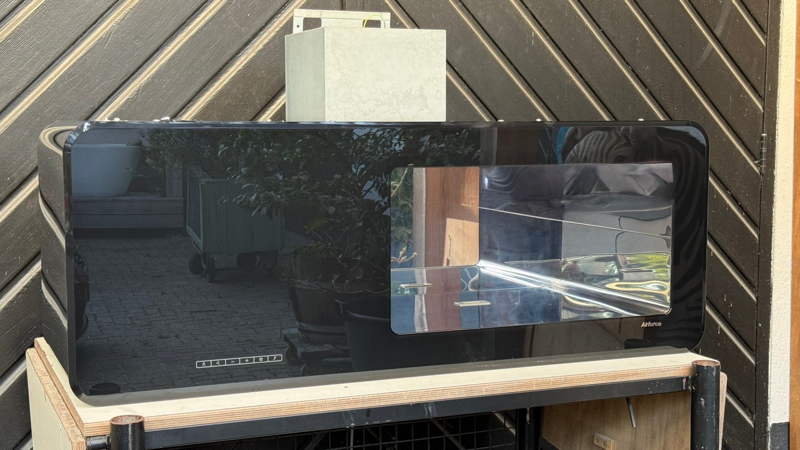 Airforce afzuigkap 120 cm zwart glas, Ophalen, Wandschouwkap, Zo goed als nieuw, Vrijstaand