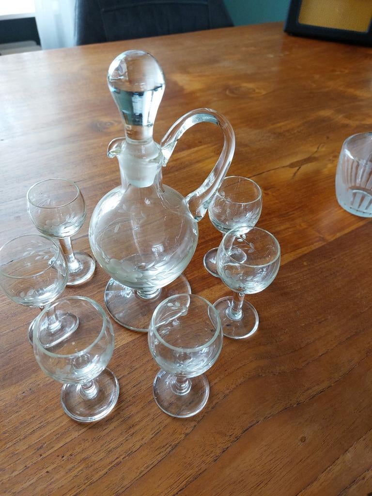 Vintage Glazen Karaf met 6 Borrelglaasjes - Druivenmotief, Antiek en Kunst, Ophalen of Verzenden