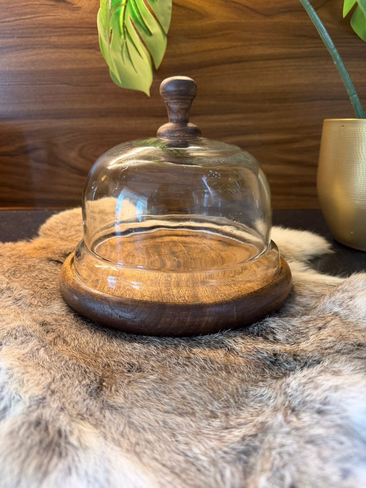 Houten Serveerstolp met Glazen Cloche, Velleitie Stijl, Ophalen, Zo goed als nieuw