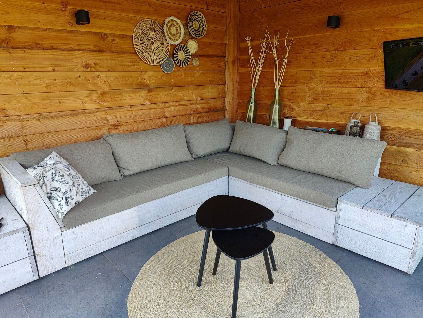 Steigerhouten loungeset met kussens, Tuin en Terras, Ophalen, Gebruikt, 6 zitplaatsen, Steigerhout