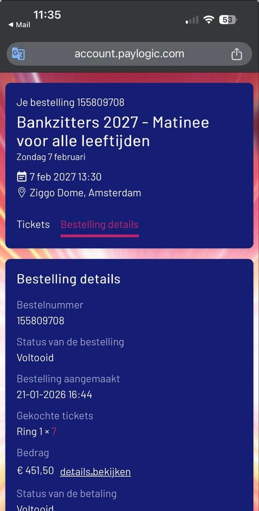 3 kaartjes bankzitters 7 febr 2027 te koop, Drie personen of meer, Februari