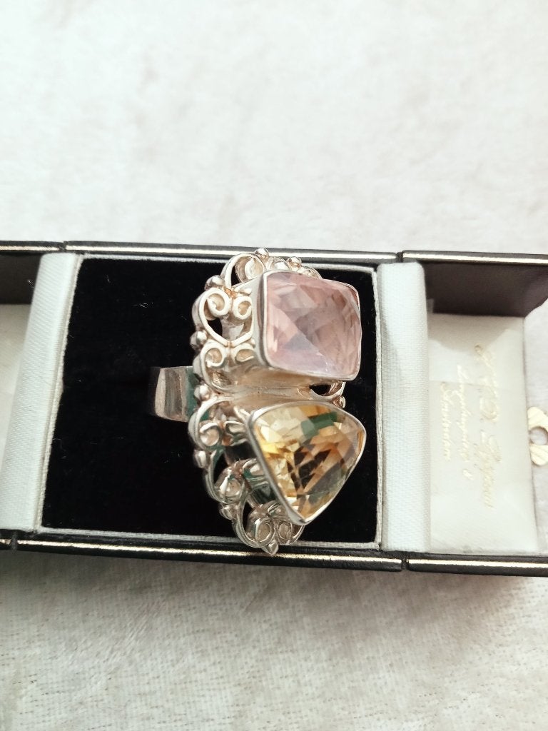 Mooie Lange Zilveren Ring -met Citrien en Rosekwarts, Verzenden, Zilver, Ring, Met edelsteen