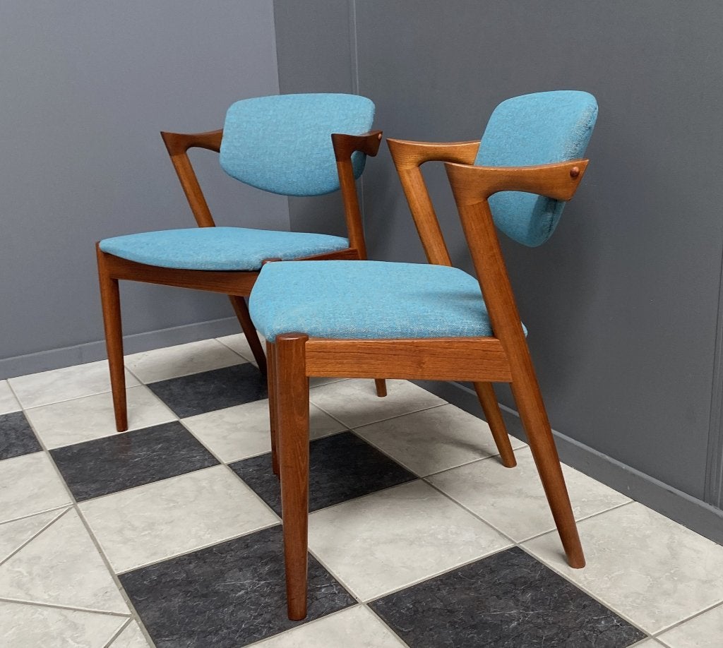 60 jaren 2teak Kai Kristiansen model 42 buro eetkamer stoel, Ophalen, Twee, Blauw, Stof