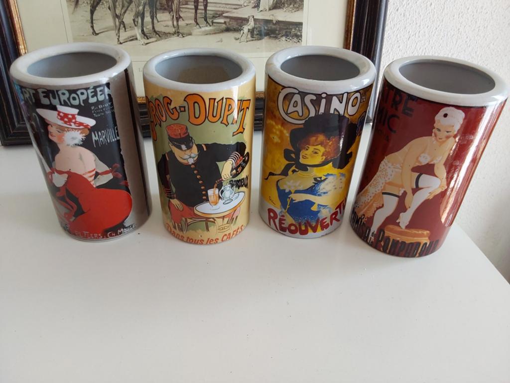 Set van 4 vintage reclamebekers / potten, Ophalen of Verzenden