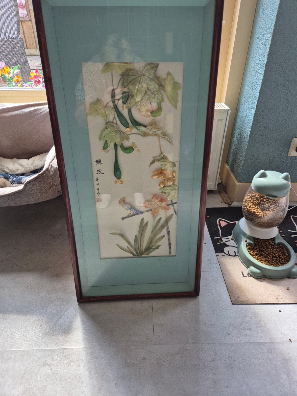 Oosters schilderij met vogel en planten in lijst, Antiek en Kunst, Ophalen of Verzenden