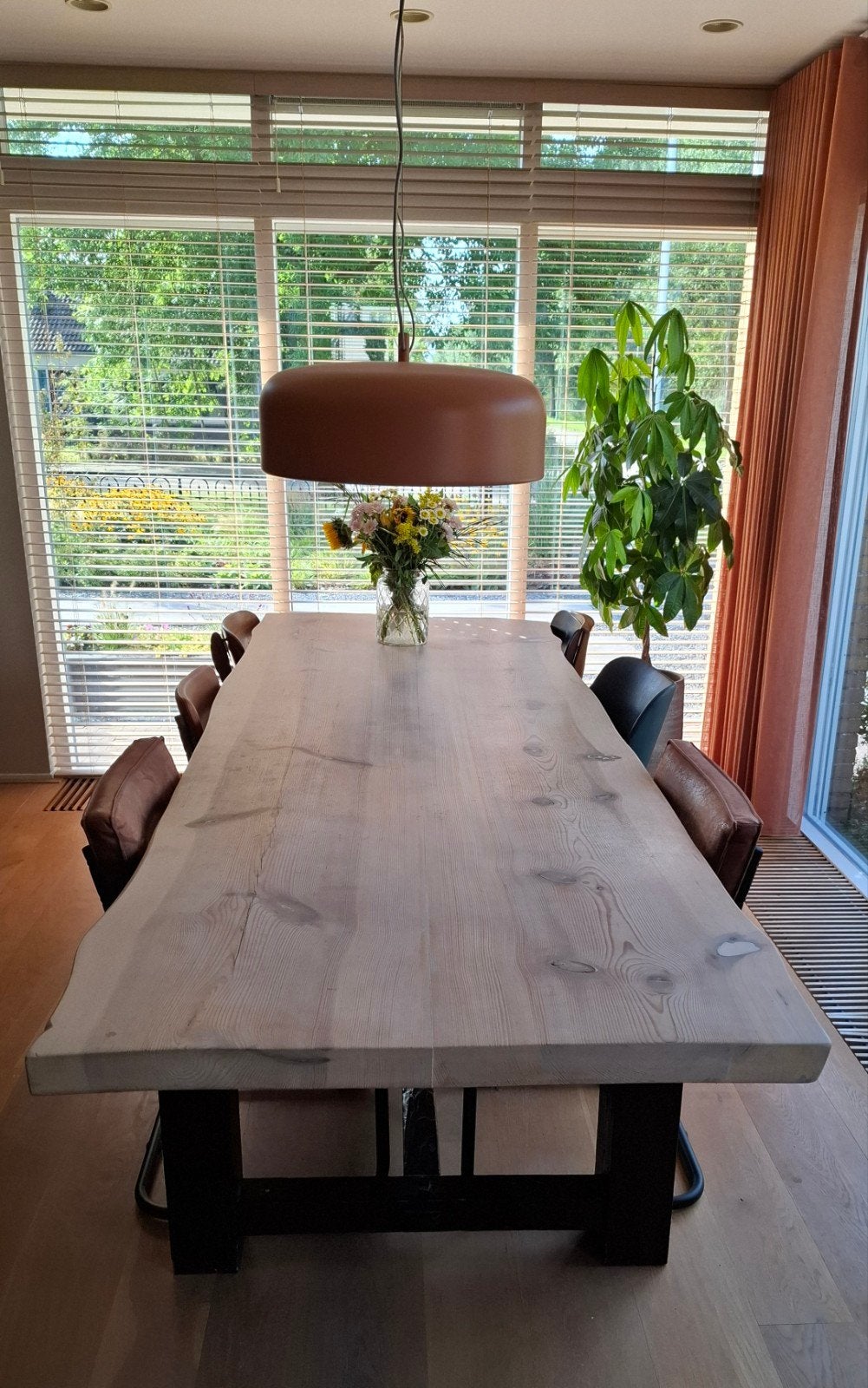 Massieve grenen boomstamtafel van 2,8x1,0m en 6cm dik, Ophalen, 100 tot 150 cm, Modern, Industrieel, 200 cm of meer