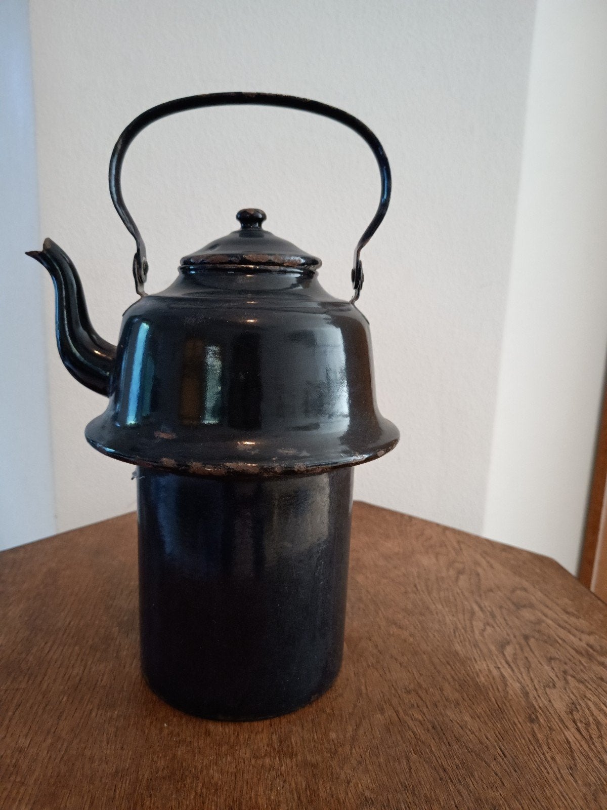 Antieke emaille theepot/ketel - Zwart - 28 cm hoog, Ophalen of Verzenden