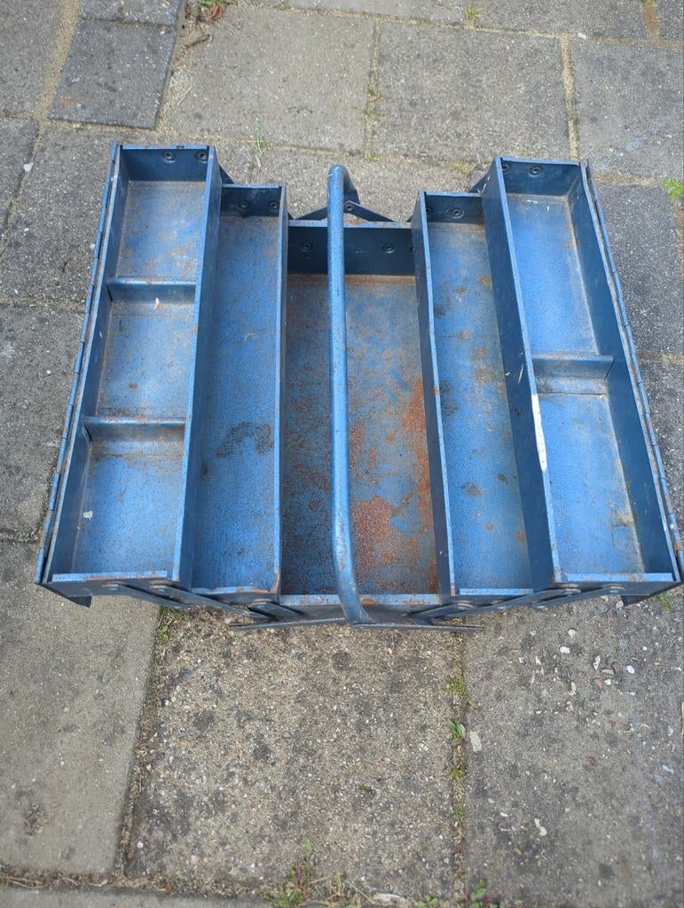 Vintage metalen gereedschapskist, blauw, inklapbaar, Ophalen of Verzenden