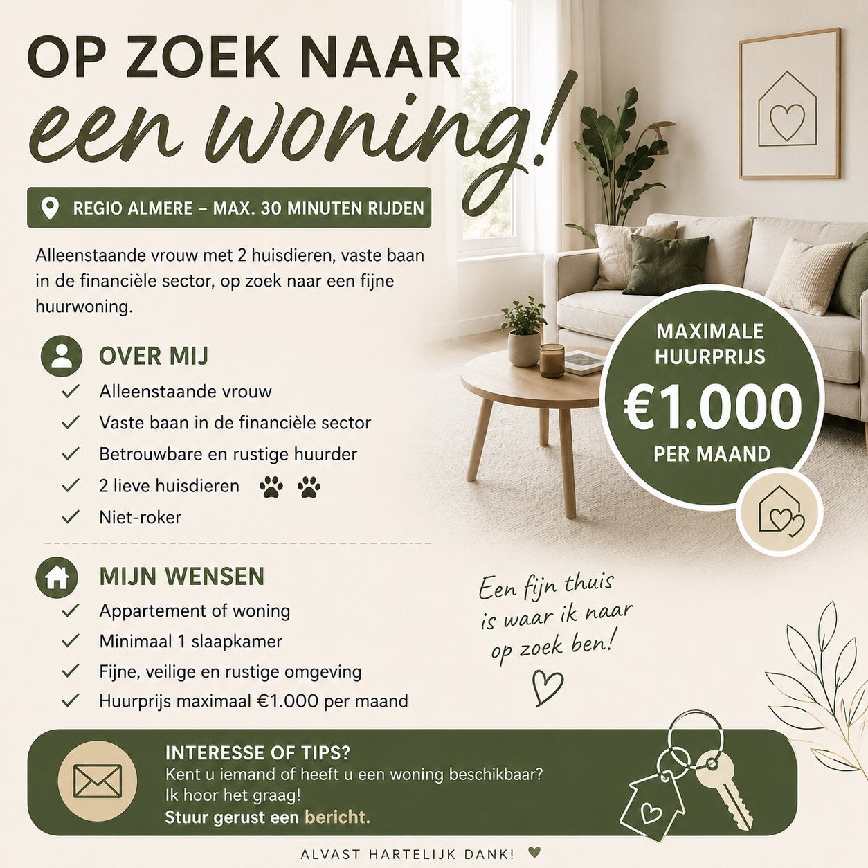 Huurwoning gezocht Almere of omgeving