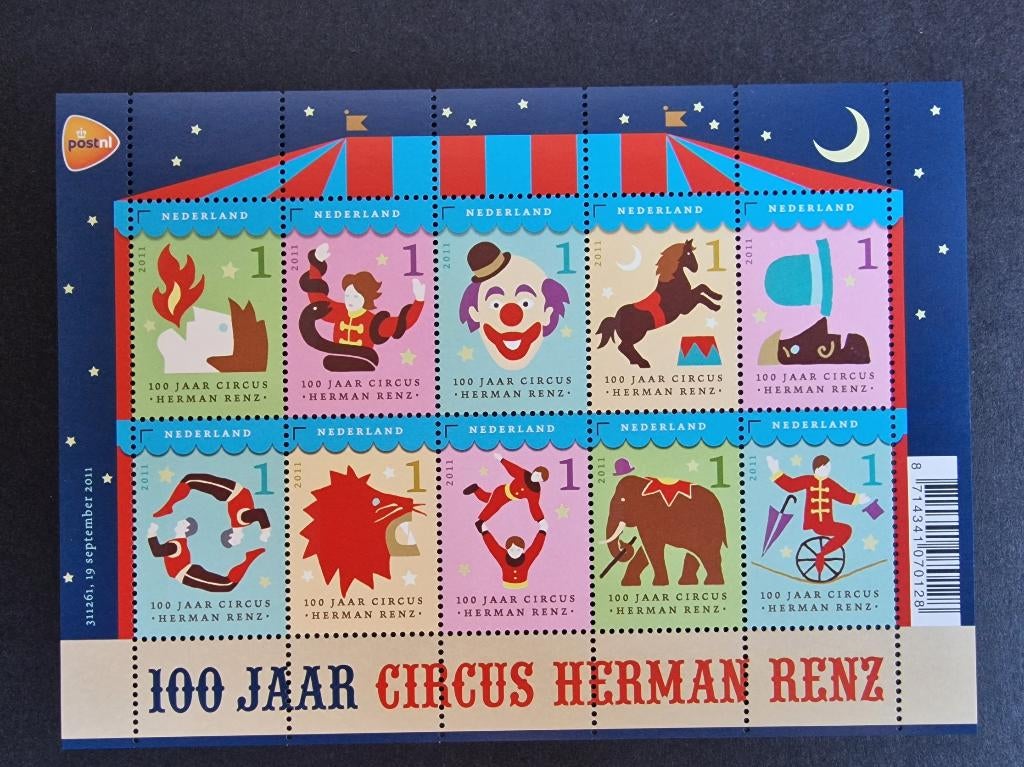 2011 Vel V2868-2877 Circus Herman Renz 100 jaar. Postfris., Postzegels en Munten, Postzegels | Nederland, Postfris, Na 1940, Verzenden