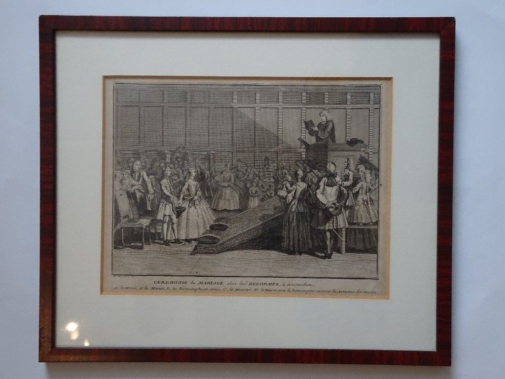 gravure huwelijksceremonie Gereformeerden Amsterdam 1730, Dagelijks leven, Verzenden, Gravure, Origineel