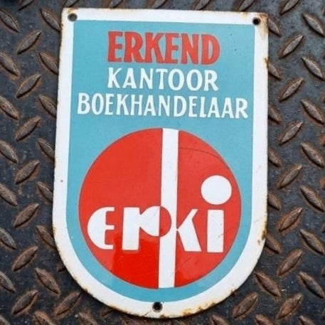 Emaille Schild ERKI 1948 Erkend Boekhandel Oud Reclamebordje, Verzenden, Gebruikt, Reclamebord