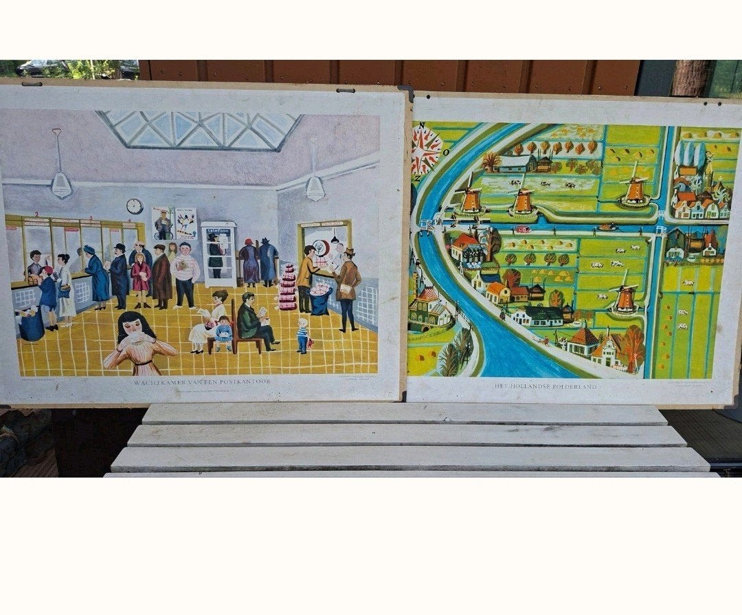 Twee prachtige vintage schoolplaten, uitgegeven door J.B. Wo, Ophalen