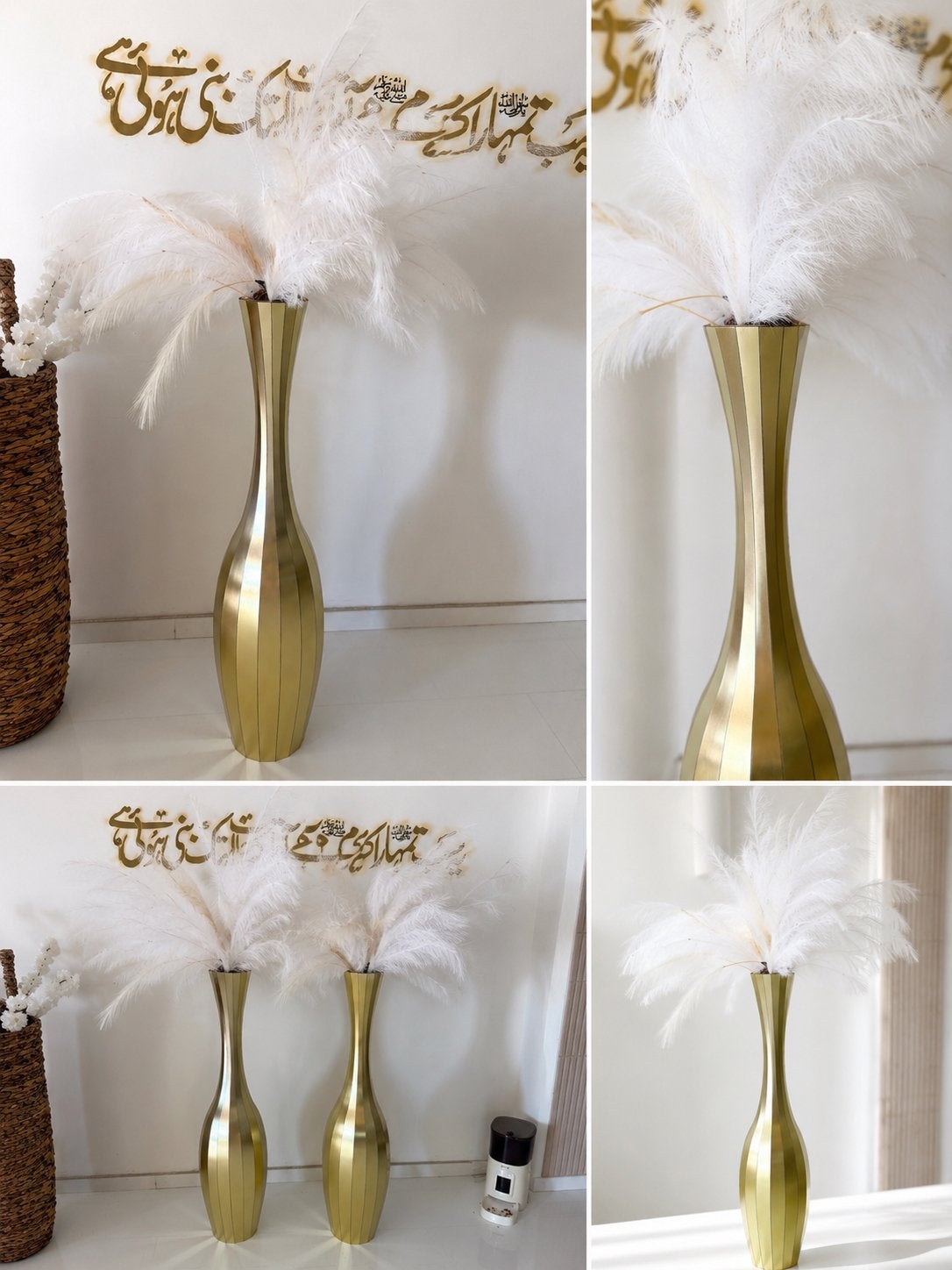 Gouden vazen met pluimen - Elegant en modern, Ophalen, Zo goed als nieuw, Metaal, Geschikt voor droogbloemen