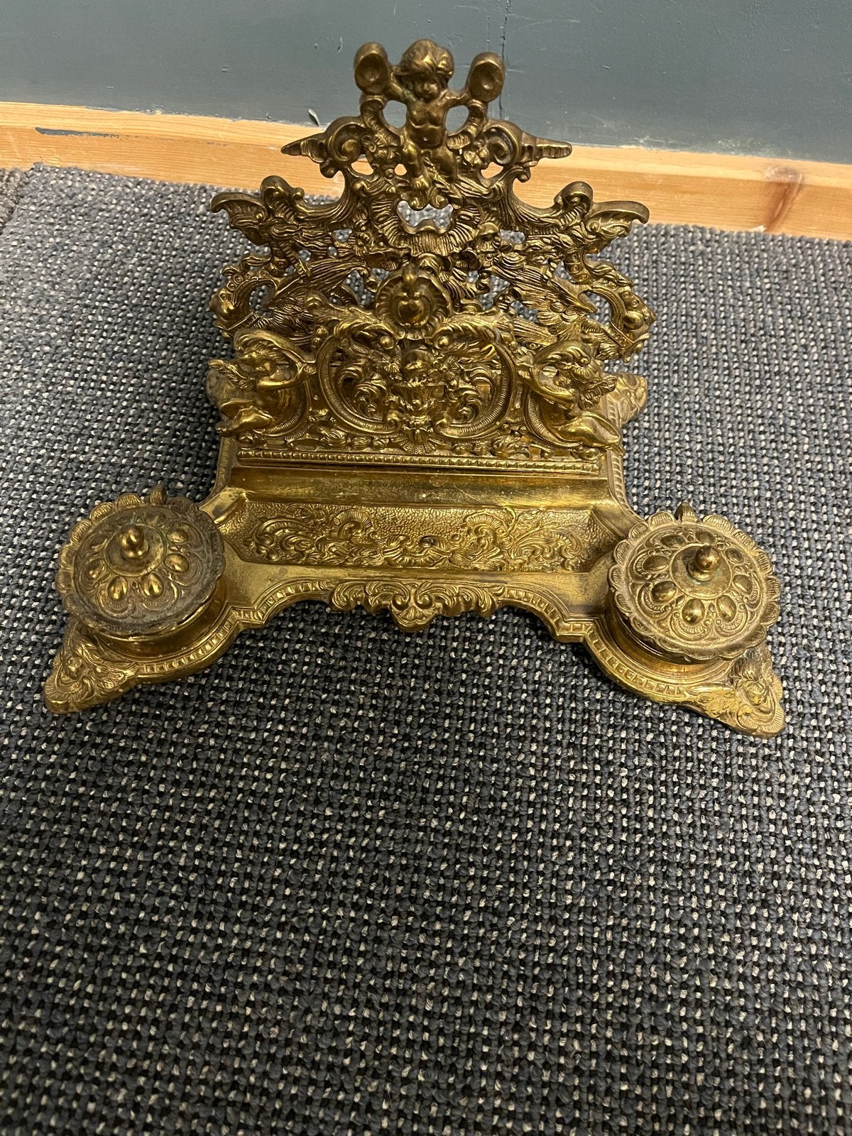 Antieke bronzen inktpot met penhouder, Brevettato, Ophalen of Verzenden