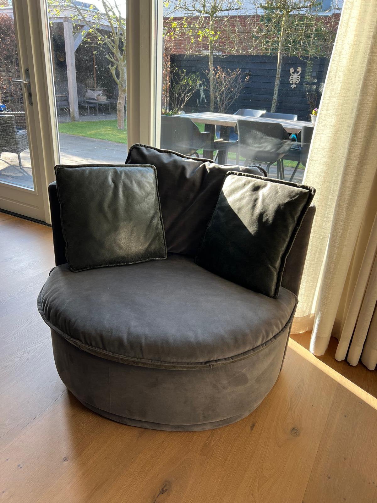 Ronde fauteuil: antraciet stof/leer, reversible, Huis en Inrichting, Fauteuils, Ophalen, Zo goed als nieuw, 75 tot 100 cm, Stof