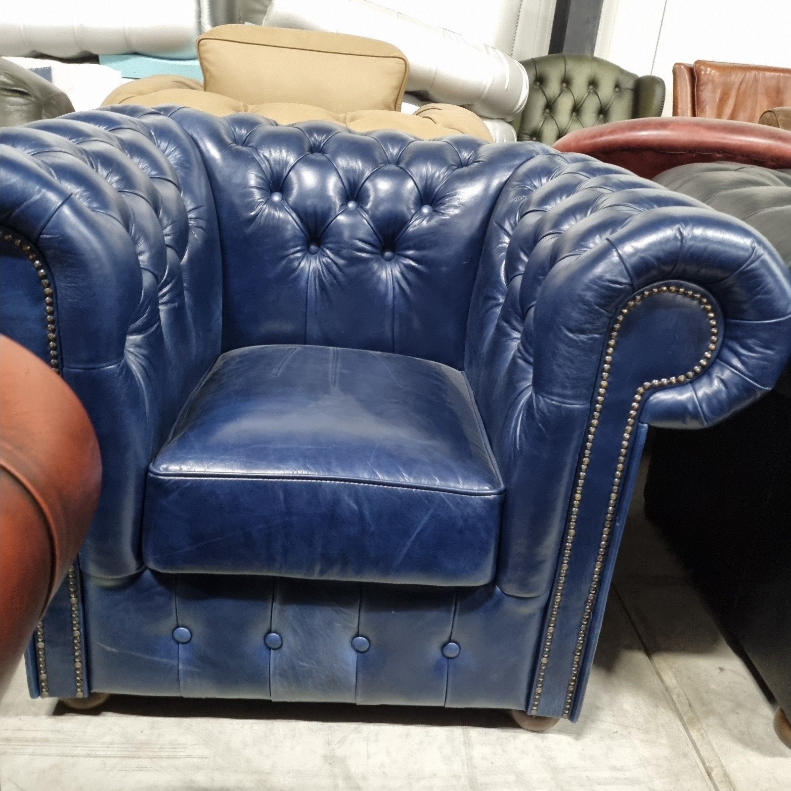 Chesterfield club fauteuil vintage blauw leer + BEZORGING, Gebruikt, ., Chesterfield, Ophalen of Verzenden