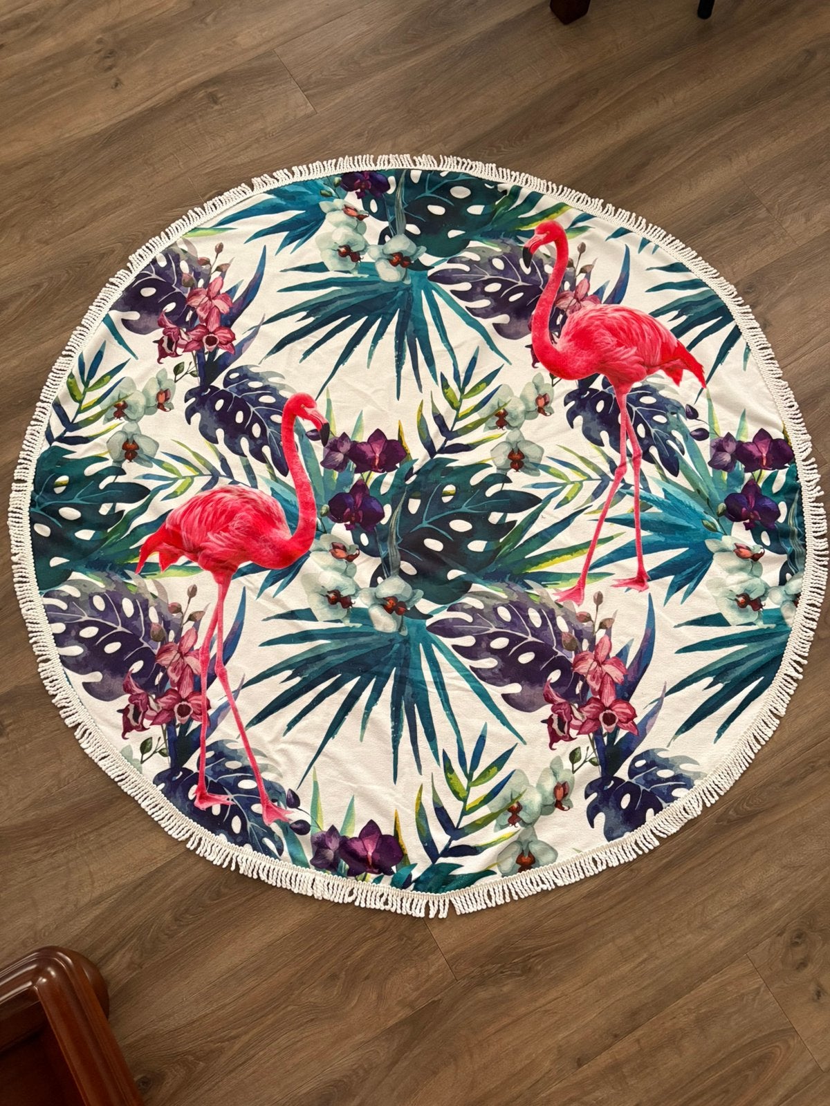 Rond strandlaken met flamingo's en tropische print, 100 tot 150 cm, Wit, Rond, Nieuw