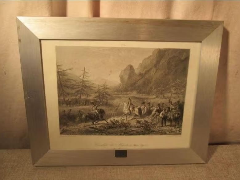 Mooie Oude Gravure 'Combat de Mautern en Syrie' - 29x23, Antiek en Kunst, Ophalen of Verzenden, Militair, Gravure, Ingelijst
