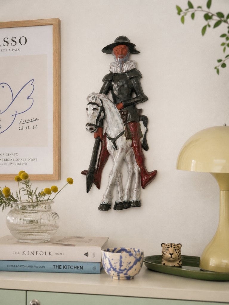 Vintage keramieken handgemaakt muurkunst Don Quichot, Wandsculptuur, 44 cm, Steen/keramiek, Ophalen of Verzenden