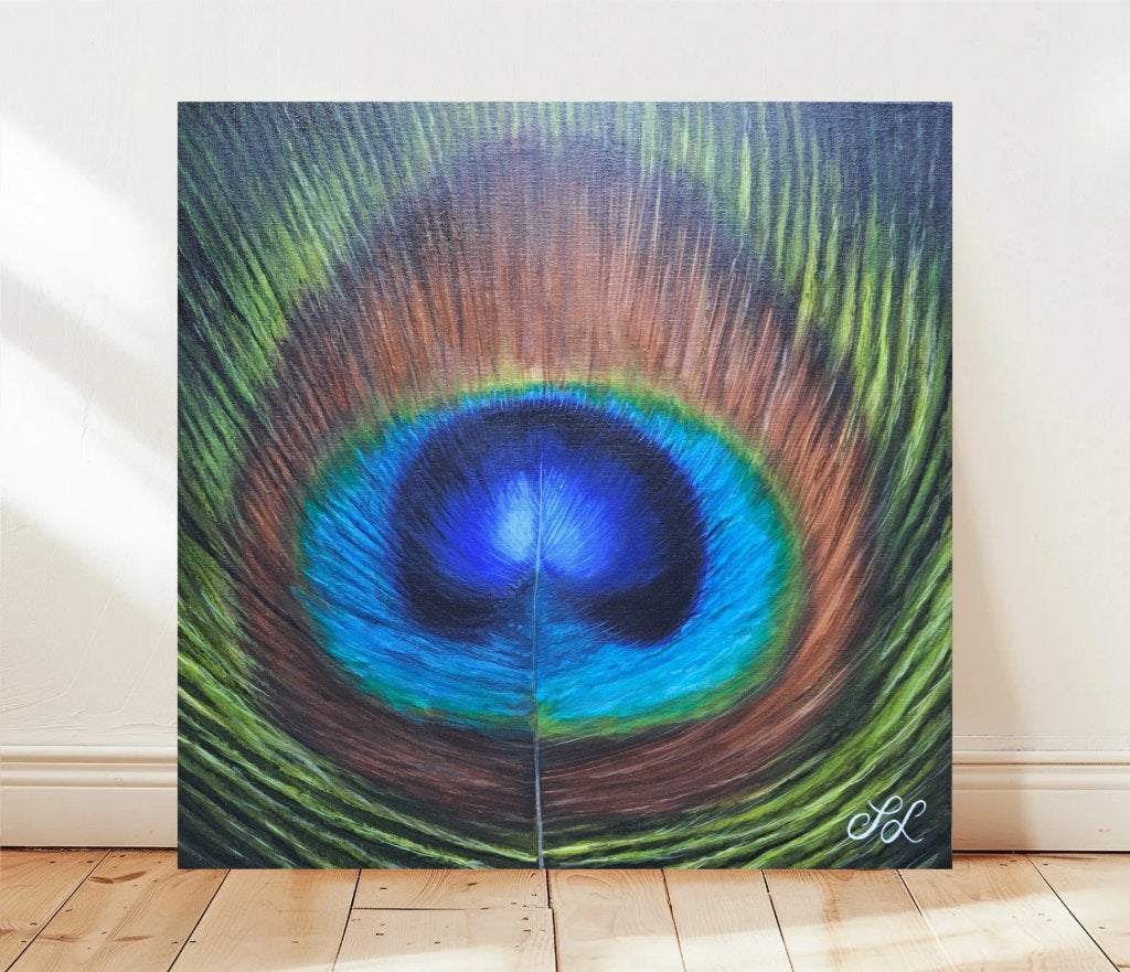 Hand-Painted Original Peacock Feather Painting. (50 x 50 cm), Acrylverf, Dieren, Gesigneerd, Abstract