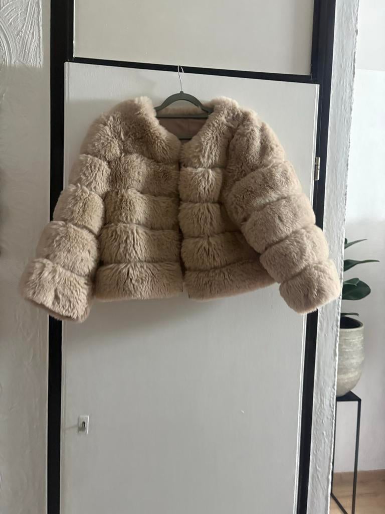 Stijlvolle Beige Faux Fur Jas - Maat L, Kleding | Dames, Jassen | Winter, Zo goed als nieuw, Maat 42/44 (L), Beige, Ophalen