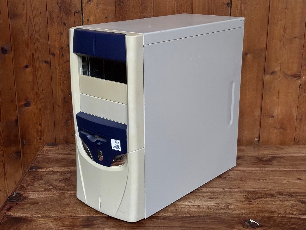 Vintage beige met blauwe ATX computerkast “Mouse Computers”, Ophalen of Verzenden, Gebruikt