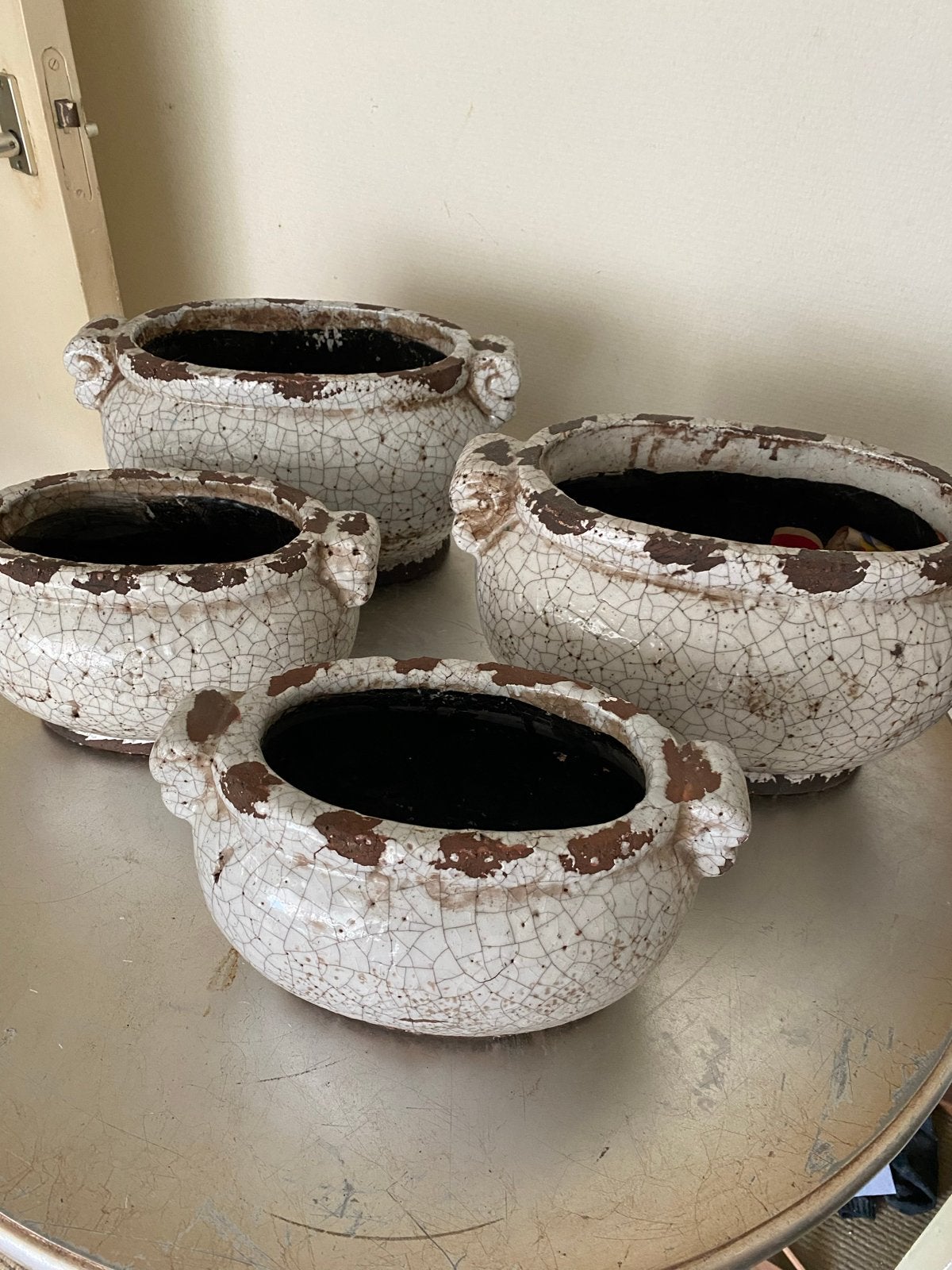 Set van 4 vintage craquelé bloempotten, Ophalen of Verzenden