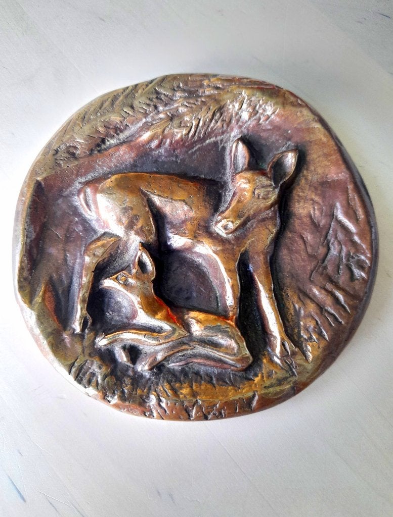 Dalbeck Bronze brons wandplaquette met herten, Minder dan 20 cm, Ophalen of Verzenden, Wanddecoratie, Bruin