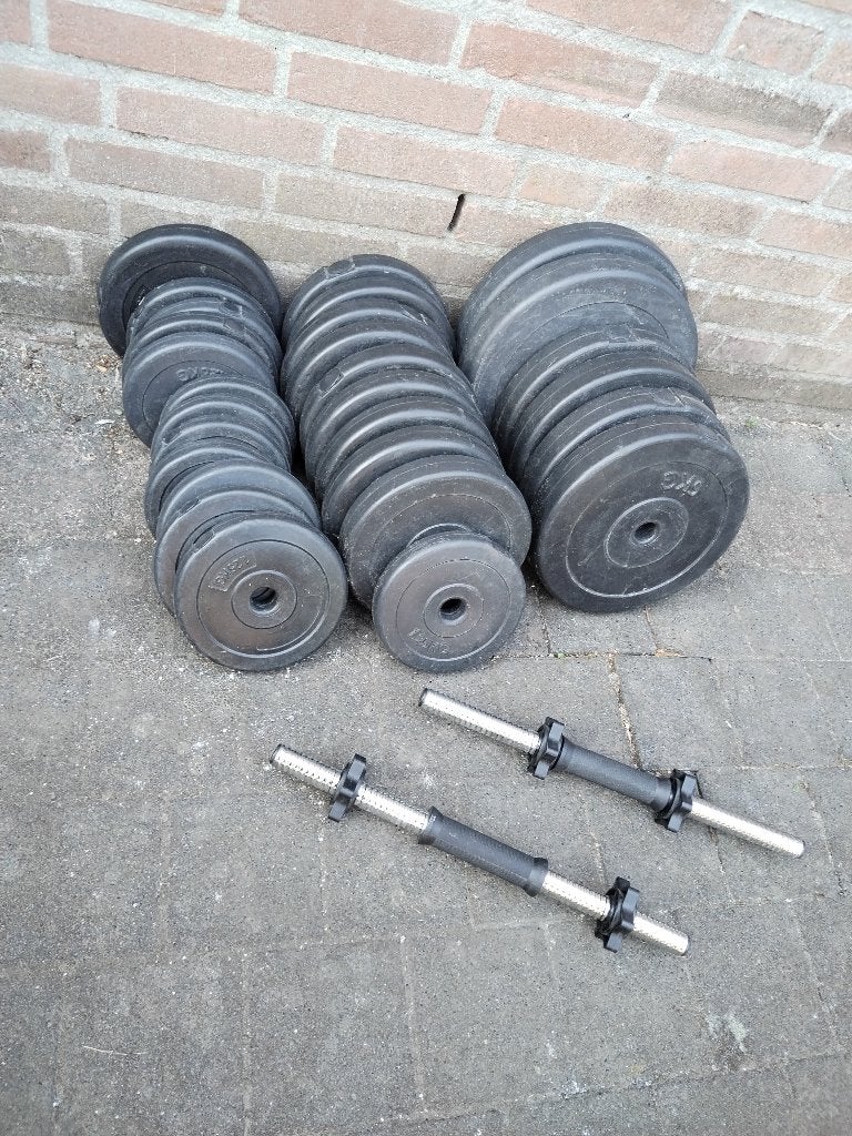 Gewichten schijven + halter, Ophalen, Zo goed als nieuw, Benen, Halterset