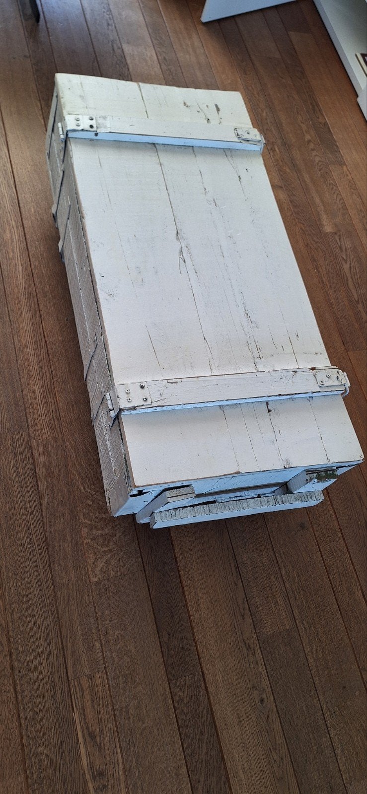 vtwonen houten salontafel / opbergkist op wielen – 100 cm, Ophalen, Gebruikt, 100 tot 150 cm, Vintage, Industrieel
