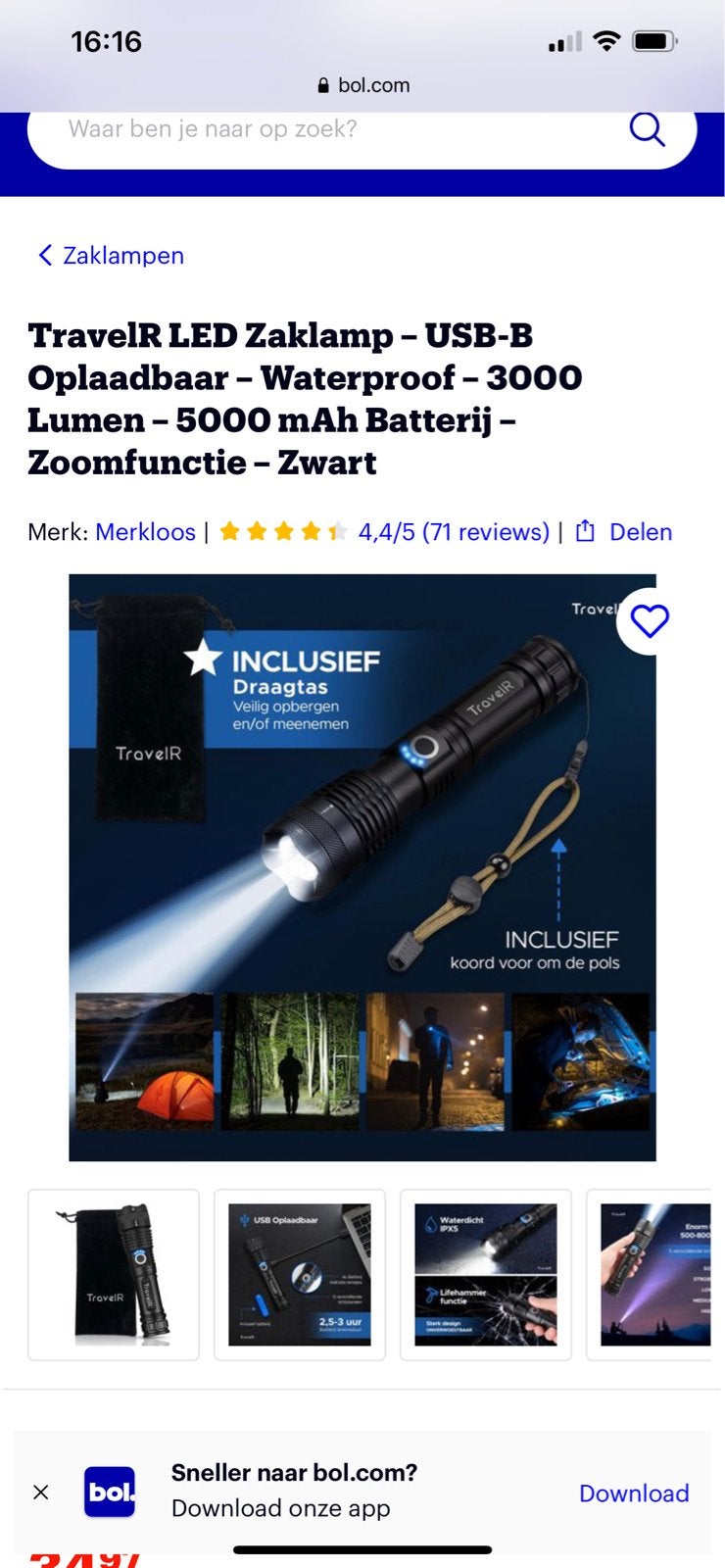TravelR LED Zaklamp - USB-B Oplaadbaar - Waterdicht - Zwart, Ophalen of Verzenden, Nieuw, Batterij