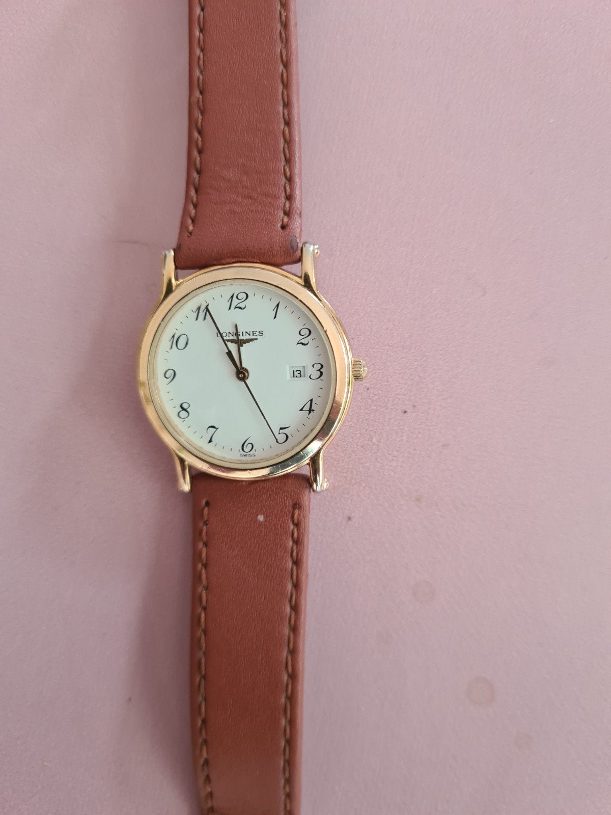 Klassiek Longines polshorloge - Goudkleurig met lederen band, Overige materialen, Polshorloge, Ophalen, Overige merken