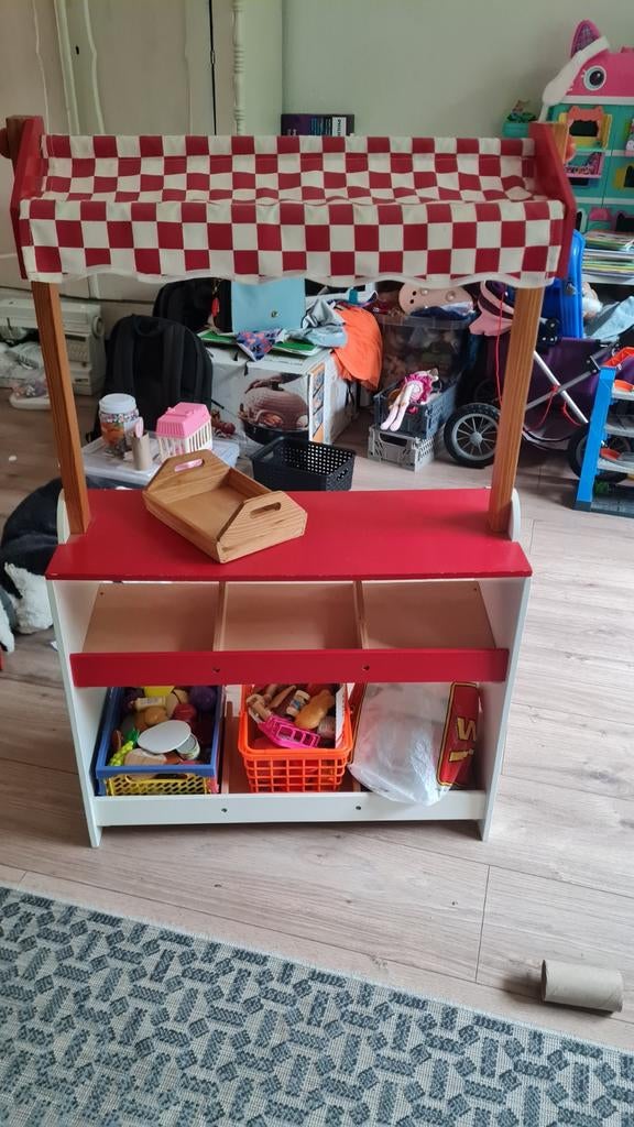 Houten Speelgoedkraam met Rood-Wit Geruit Dakje, Kinderen en Baby's, Speelgoed | Overig, Ophalen, Gebruikt, Jongen of Meisje