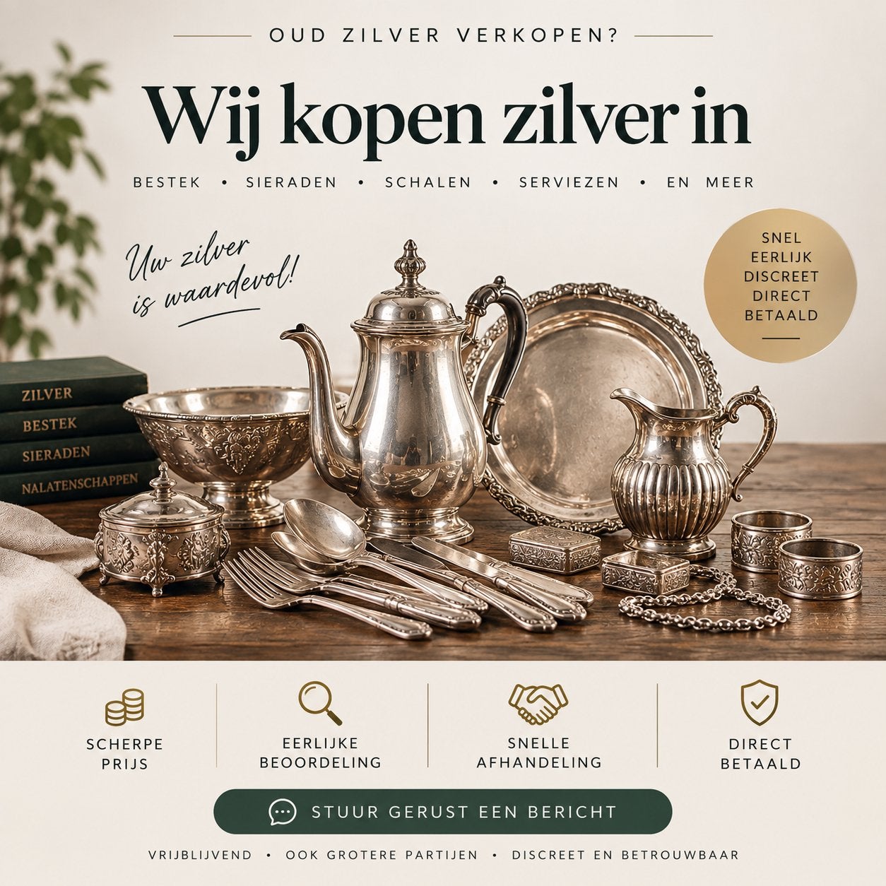 OUD ZILVER LIGGEN?  Ontdek wat uw zilver nu waard is!, Antiek en Kunst, Ophalen of Verzenden, Zilver