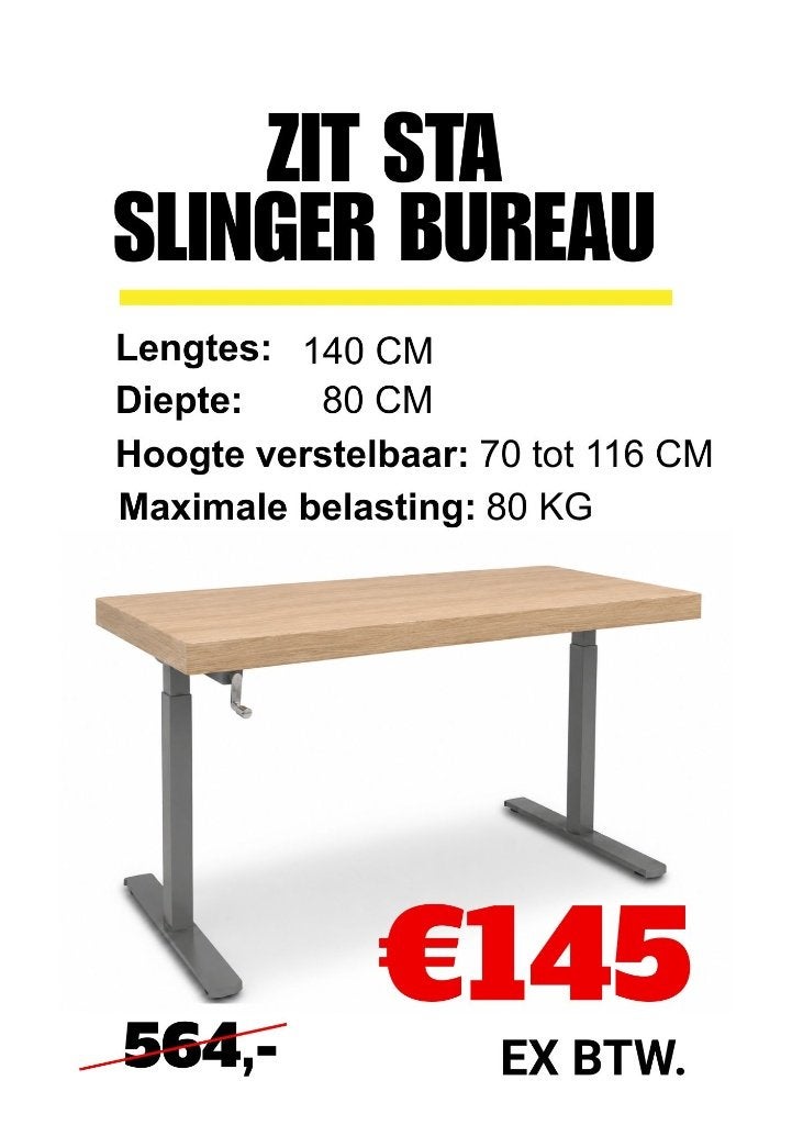 Zit-sta bureau140x80 cm - Refurbished - Grijs, Zit-sta bureau, Hout, In hoogte verstelbaar, Ophalen of Verzenden