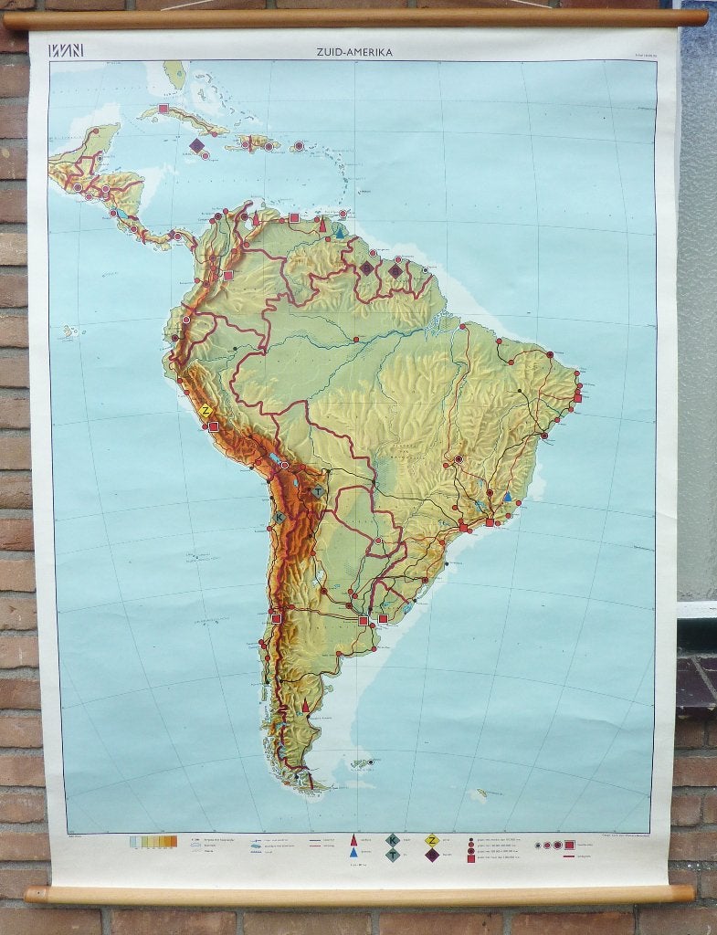 Mooie oude schoolkaart van van Zuid-Amerika met West-Indië, Ophalen of Verzenden, Aardrijkskunde