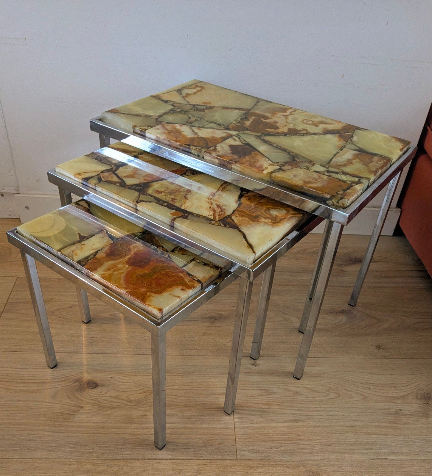 Vintage jaren 60/70 mimiset – onyx/marmer & chroom, Ophalen, Rechthoekig, Minder dan 55 cm, 45 tot 60 cm