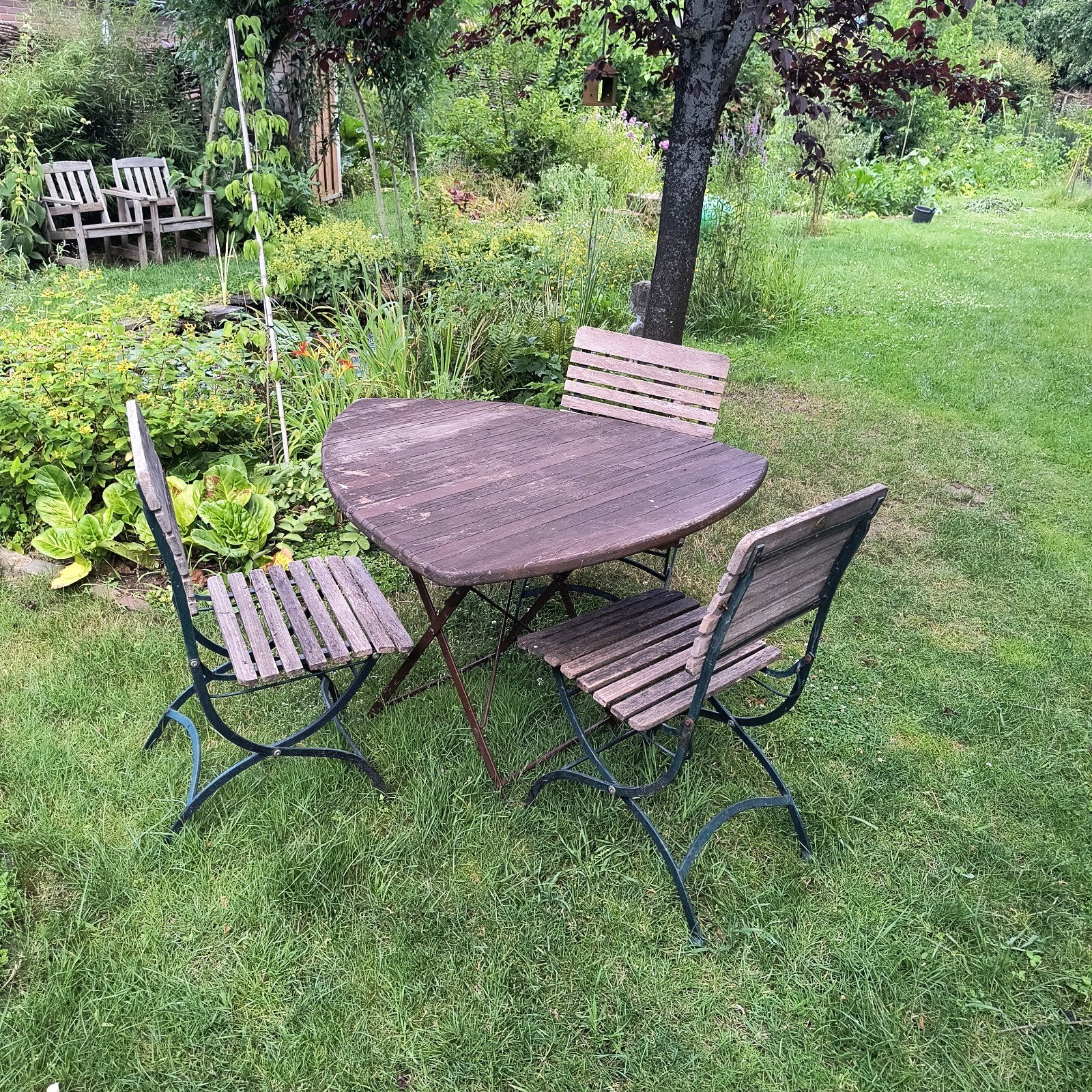 Houten tuinset met 3 stoelen en tafel, Ophalen, Gebruikt, 3 zitplaatsen, Tuinset