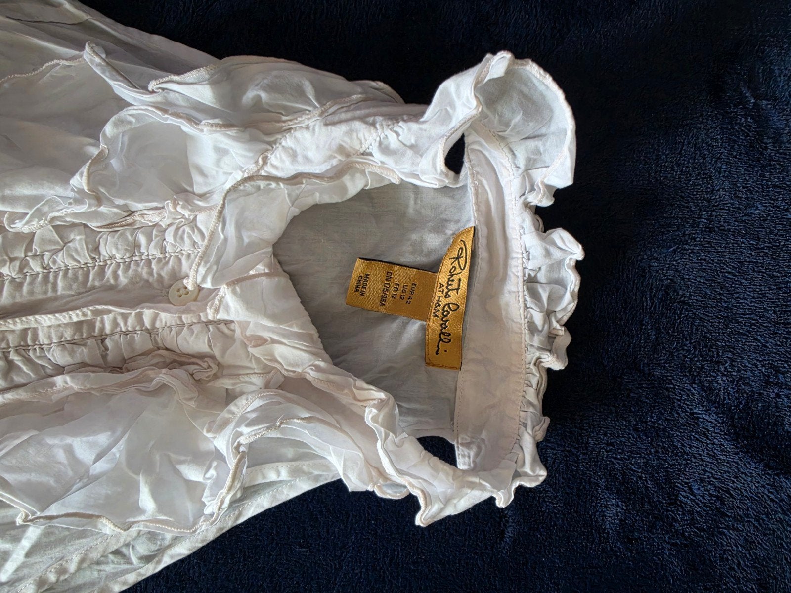 Roberto Cavalli x H&M Ruffles Blouse Maat 42, Wit, Maat 42/44 (L), Ophalen of Verzenden, Zo goed als nieuw