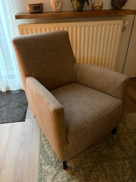 2x Beige gemêleerde fauteuils - ideaal voor kleine ruimtes, Huis en Inrichting, Fauteuils, Ophalen, Gebruikt, 75 tot 100 cm, Stof